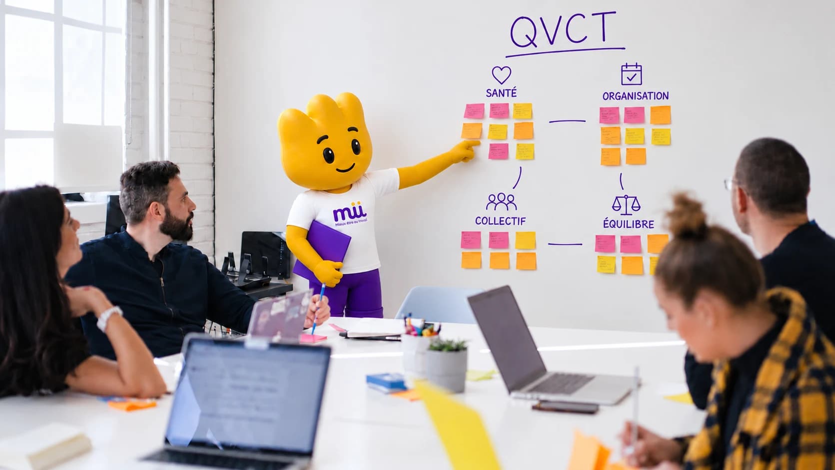 La mascotte Mü anime une session devant un tableau QVCT, face à une équipe réunie autour d’une table.